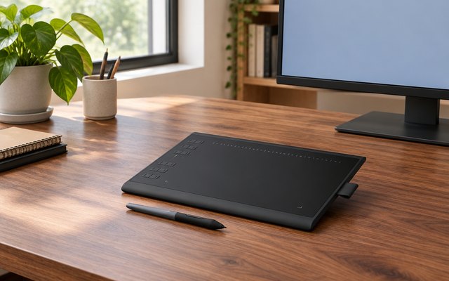 HUION Inspiroy H1060P drawing tablet, on a wide walnut desk in a creative studio beside a monitor with a plain display and a plant