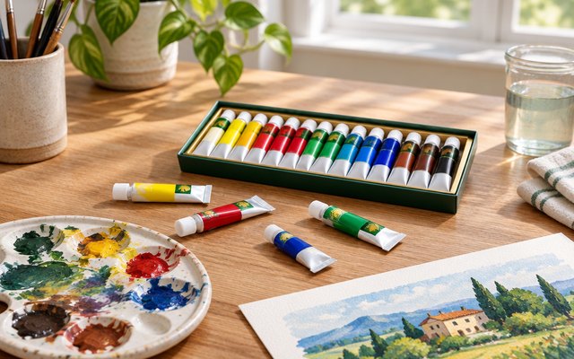 Gouache paint tubes from the set, a few of the tubes beside a ceramic mixing palette of mixed colors on a kitchen table