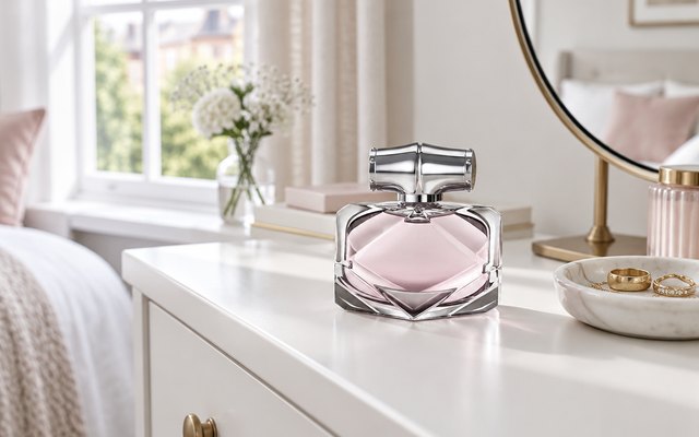 Pale pink faceted perfume bottle with a silver cap on a white dressing table