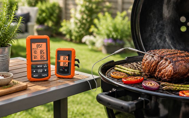 ThermoPro TP20 meat thermometer, on the side table of a garden barbecue, its probe in a joint of meat on the grill