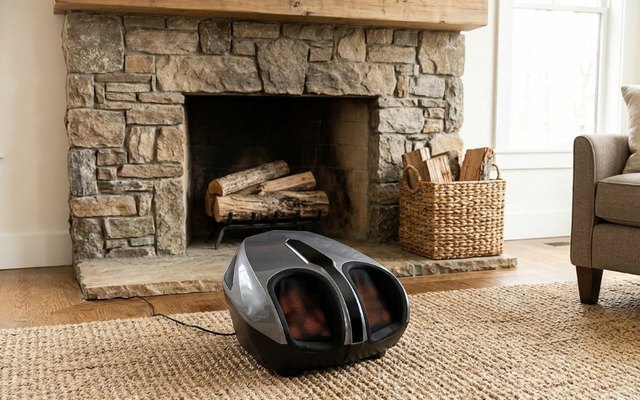 Grey and black foot massager on a woven rug in front of a stone fireplace