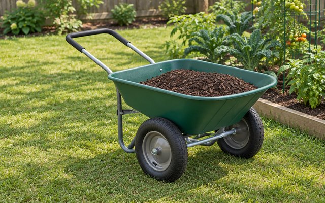 Best Choice Products dual-wheel wheelbarrow, on a backyard lawn beside a vegetable garden, filled with dark mulch