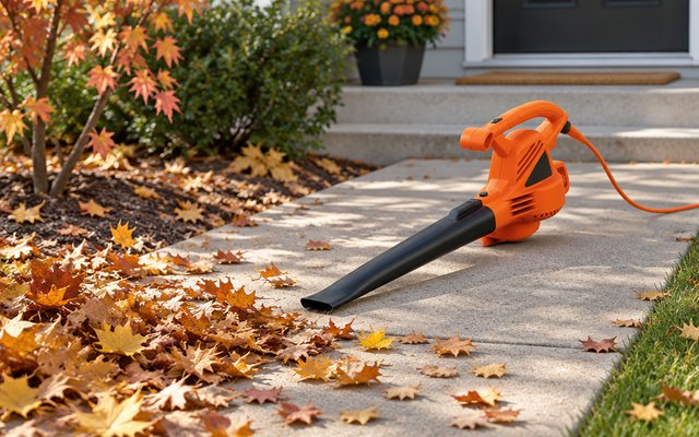 Black+Decker corded leaf blower, on a front walkway with an extension cord plugged in, maple leaves on the path