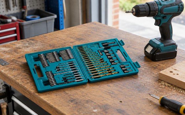 Makita drill and screwdriver bit set, on a workbench in a British garage beside a cordless drill
