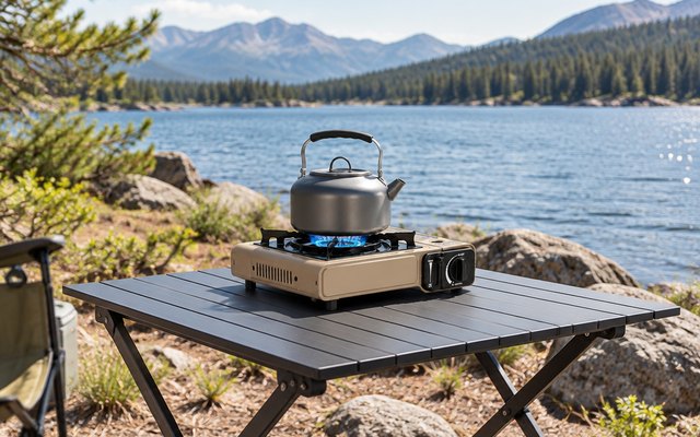 Gas One dual fuel stove, on a folding camp table on a lakeshore