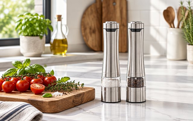 Two stainless steel electric salt and pepper mills on a marble worktop beside a chopping board of tomatoes