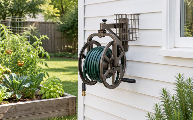Liberty Garden 712 Navigator hose reel, mounted on the white vinyl siding of a house beside a backyard vegetable garden