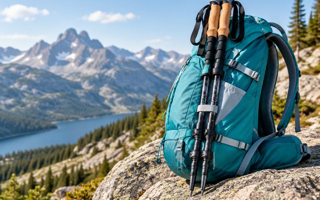 A pair of carbon trekking poles strapped to the side of a daypack on a boulder, mountains behind