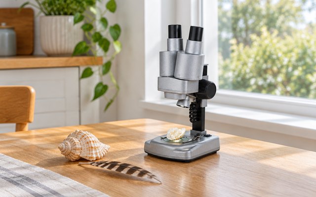 National Geographic dual LED microscope, on a kitchen table by a window beside a seashell and a feather