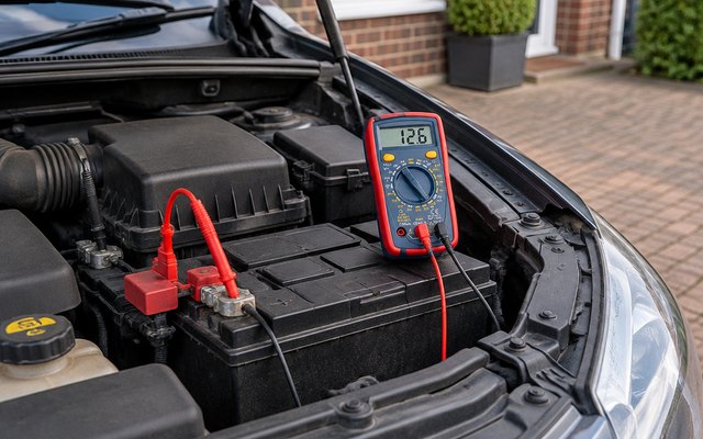 AstroAI digital multimeter, under the open bonnet of a car on a British driveway