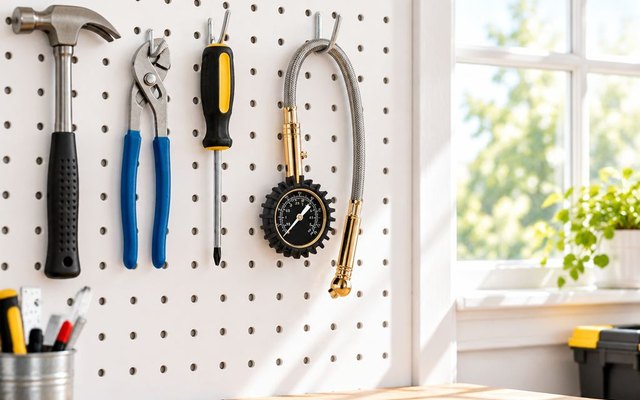 Round glow-dial tire gauge hanging from a pegboard hook among hand tools in a bright garage