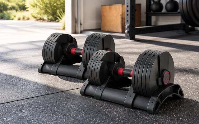 Core Fitness Adjustable Dumbbells by Affordable Dumbbells, Pair, on a rubber mat in a garage home gym, sunlight through the open door