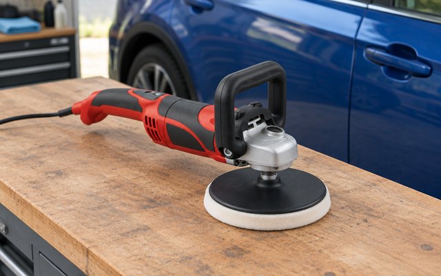 Einhell polishing machine, on a garage workbench beside a blue car's door in soft focus