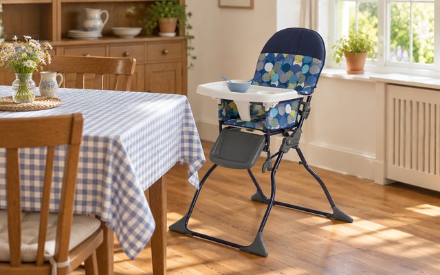 Cosco Kids Simple Fold High Chair, simple folding high chair at a grandparent's dining table with a checked tablecloth, a spoon and bowl on its tray