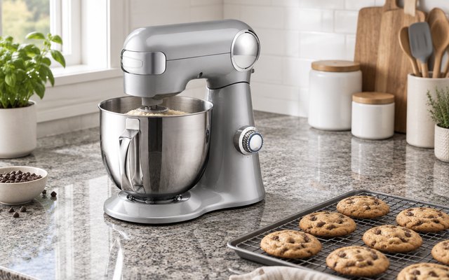 Cuisinart 5.5-quart stand mixer, on a gray granite counter beside a cooling tray of cookies