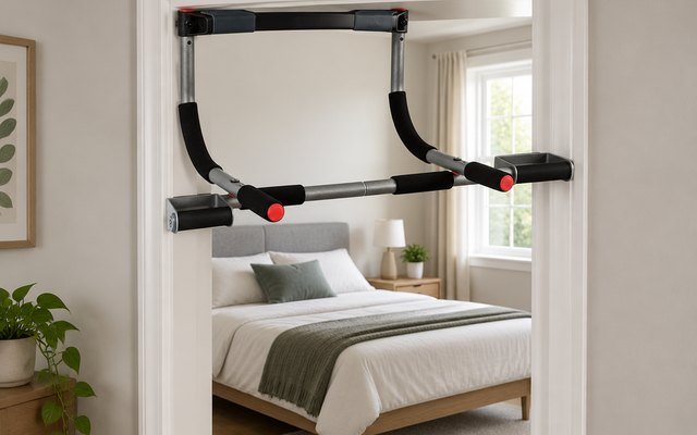 Perfect Fitness Multi-Gym Doorway Pull Up Bar, fitted in the doorway of a bedroom, bed visible beyond