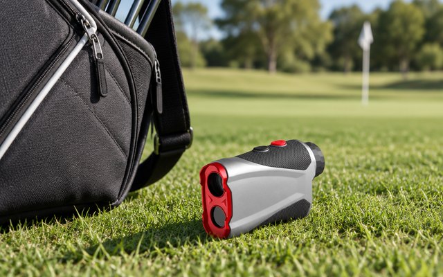 Callaway 300 Pro rangefinder, on the grass beside a golf bag near a green
