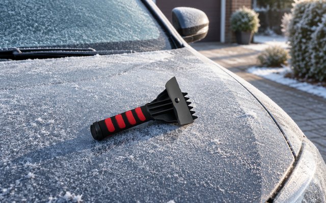 RevHeads ice scraper, resting on the frosted bonnet of a car on a driveway on a winter morning