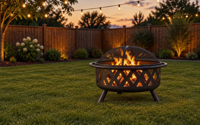 Sunnydaze Crossweave 36-inch fire pit, on a big backyard lawn edged by a wooden fence at dusk, a fire glowing inside, string lights overhead