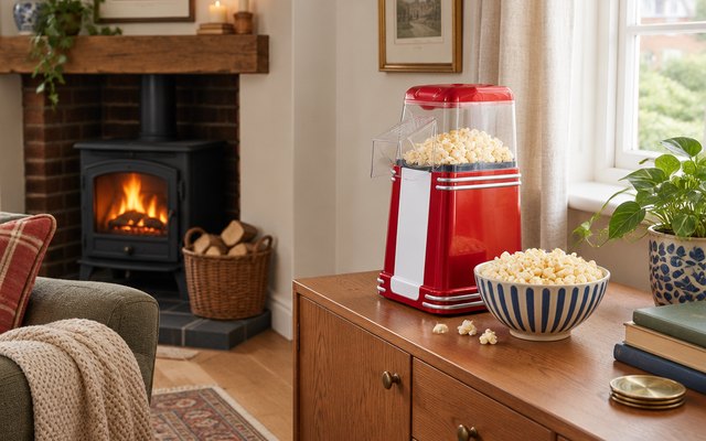 VonShef retro popcorn maker, on a sideboard in a British living room with a log burner, a bowl of popcorn beside it