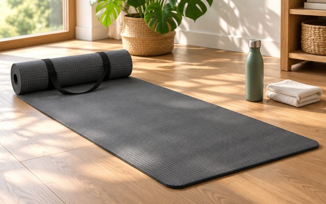 Amazon Basics Extra Thick Exercise Yoga Mat, yoga mat unrolled on a wooden floor in a sunlit room with a plant, a water bottle beside it