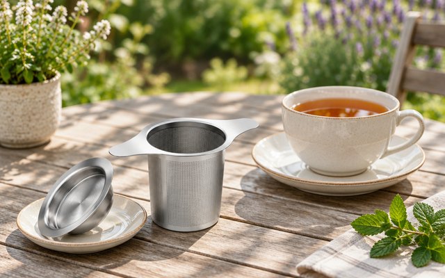 Yoassi tea basket on its lid beside a cup of tea