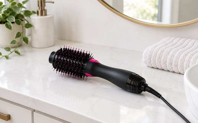 Revlon One-Step Volumizer, lying on a white bathroom vanity beside a round mirror and a folded towel