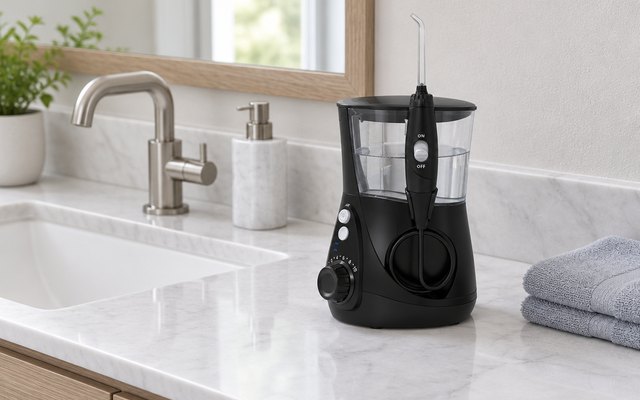 Black countertop water flosser on a bathroom vanity
