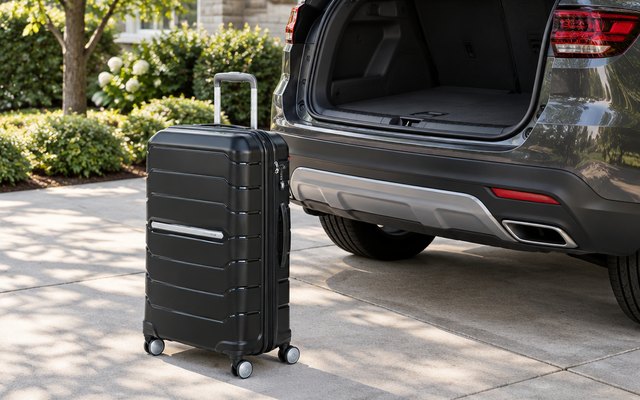 Samsonite Freeform spinner suitcase, standing beside an SUV with its tailgate open in a sunny driveway
