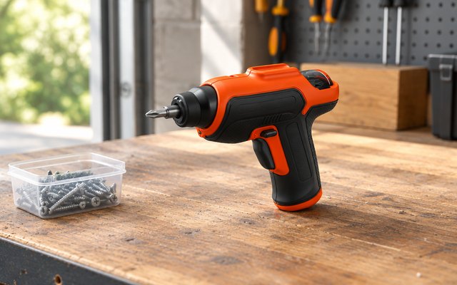 BLACK+DECKER ROTO-BIT screwdriver, on a garage workbench beside a small box of screws