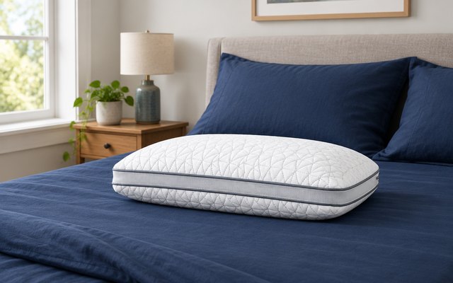 Coop Home Goods Eden pillow, on a neatly made bed with navy sheets in a guest bedroom