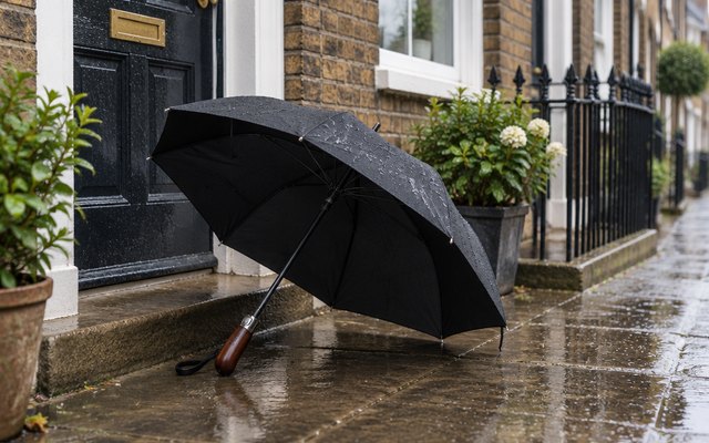 Balios folding umbrella, open and propped on the doorstep of a British terraced house in light rain