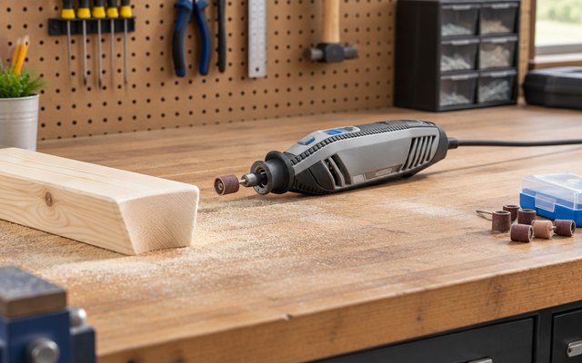 Corded rotary tool, resting on a garage workbench beside a piece of freshly sanded pine, a pegboard behind