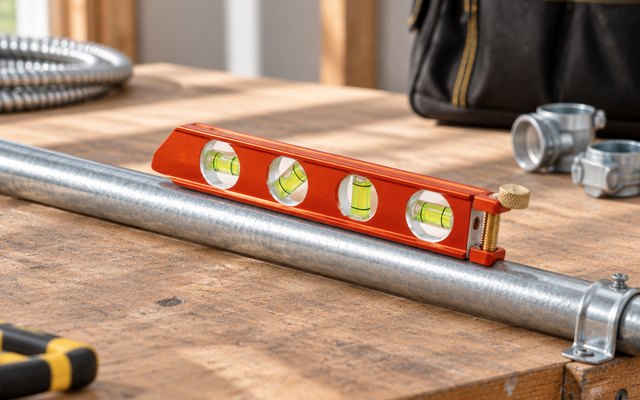 Klein Tools torpedo level, resting on a length of metal conduit on an electrician's workbench