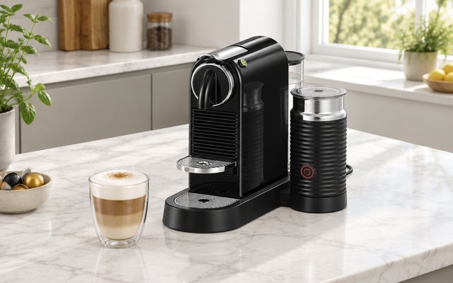 Nespresso CitiZ with Aeroccino frother, on a white marble counter in a bright modern kitchen beside a latte in a glass
