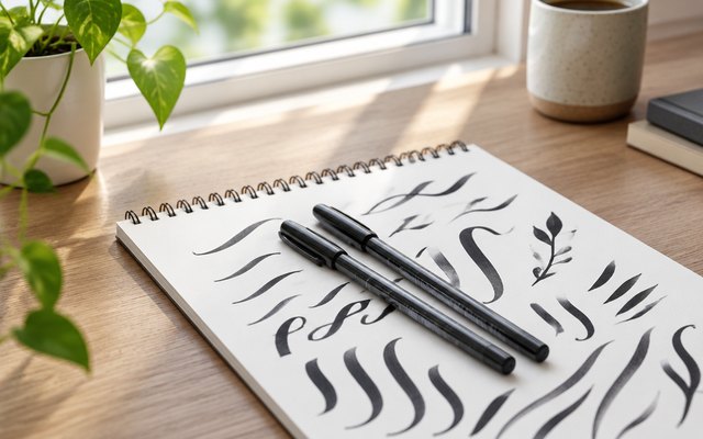Brush pens, resting on a practice pad of flowing black brush strokes on a desk by a window
