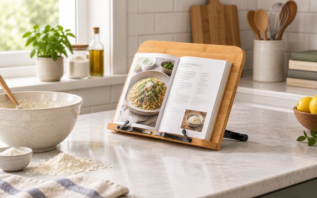READAEER bamboo stand holding a cookbook on a kitchen counter