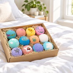 Twelve colorful round bath bombs in an open gift box on a white bed