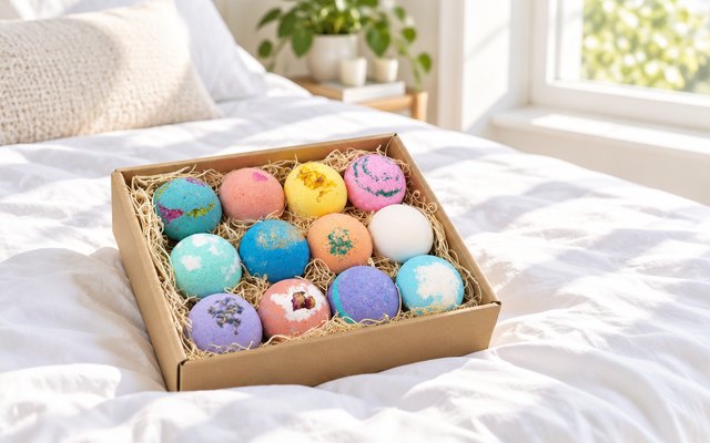 Twelve colorful round bath bombs in an open gift box on a white bed