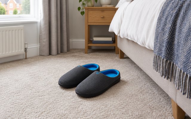 RockDove slippers, on the bedroom carpet beside a bed in a British home