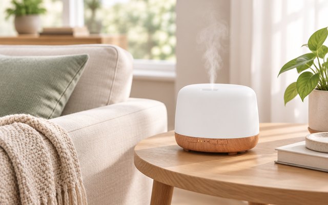ASAKUKI 17 fl oz diffuser, misting on a side table beside a sofa in a bright living room