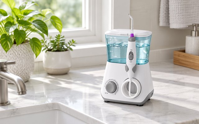 Aquapik 100 water flosser, on a bathroom counter by a window with potted plants