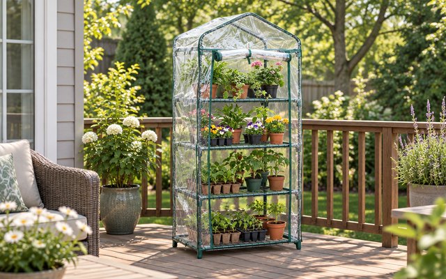 4-tier mini greenhouse with clear cover, on a wooden backyard deck, seed trays on its shelves and its door rolled up
