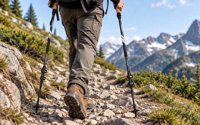 TrailBuddy 7075 Aluminum Trekking Poles, pair of trekking poles in use on a rocky mountain trail, seen from behind at hip height, hiker's legs and boots only