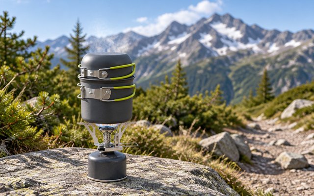 Odoland cook set with backpacking stove, on a flat rock beside a mountain trail