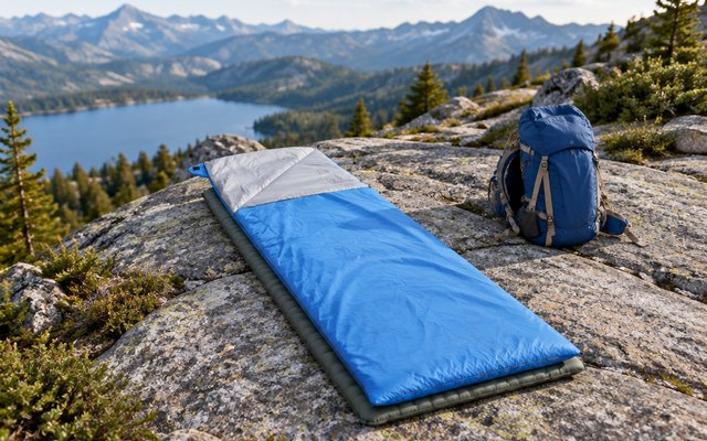REDCAMP ultralight sleeping bag, laid out on a sleeping pad on a granite slab on a mountain backpacking trip, a backpack beside it
