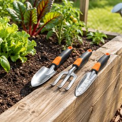 Fiskars Ergo garden tool set, laid on the edge of a raised wooden bed in a backyard vegetable garden