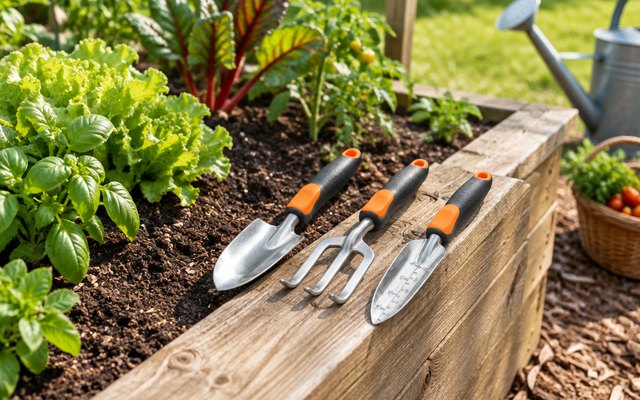 Fiskars Ergo garden tool set, laid on the edge of a raised wooden bed in a backyard vegetable garden