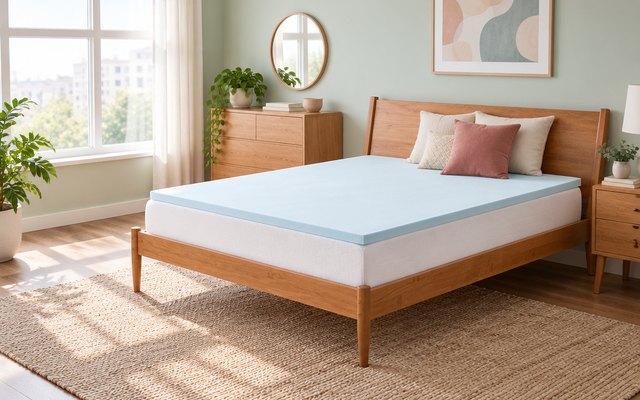 Linenspa 2-inch gel memory foam topper, laid on the mattress of a low platform bed in a modern apartment bedroom, the sheets folded off to one side