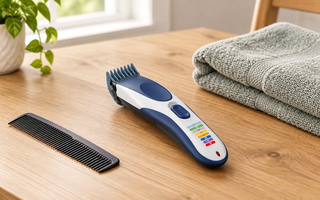Wahl Color Pro cordless clipper, on a kitchen table beside a folded towel and a comb, ready for a home haircut